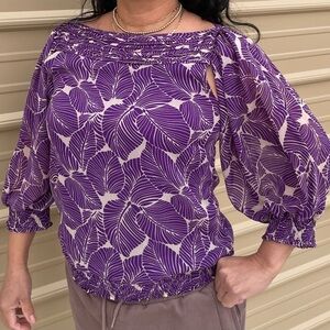 BCBGMaxAzria Purple Leaf Pattern Blouse Size Small